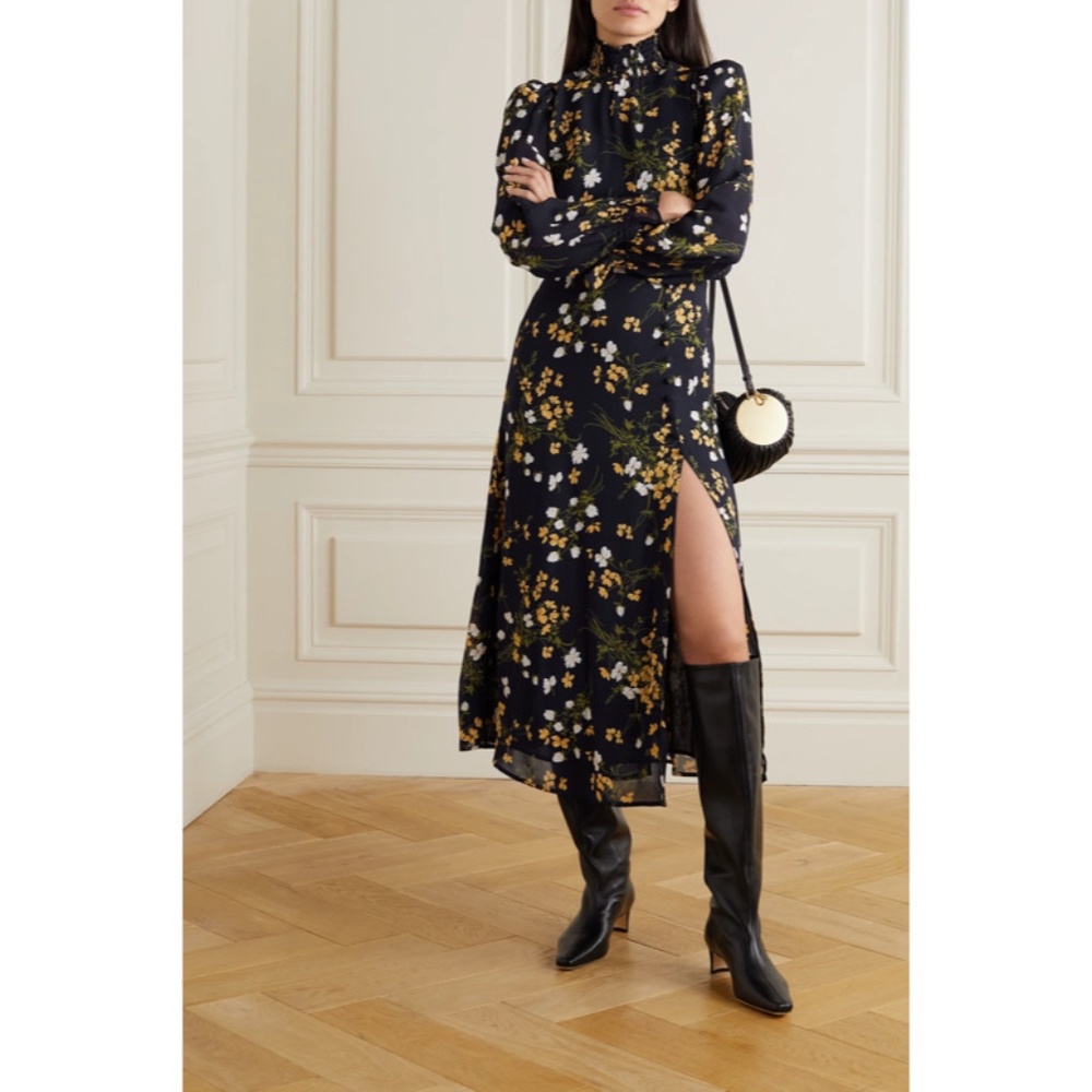 Reformation Black Floral Midi Dress with Yellow & White Print